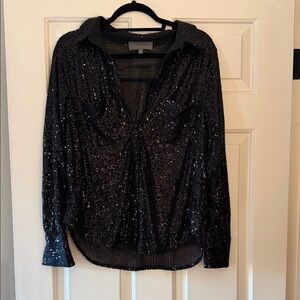 Anthropologie Black Sequin Button-Down Blouse